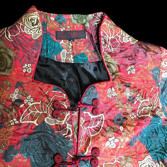 Asian Style Floral Jacket Size M/L /Oriental /Bohemian Brocade Button - Picture 4 of 12